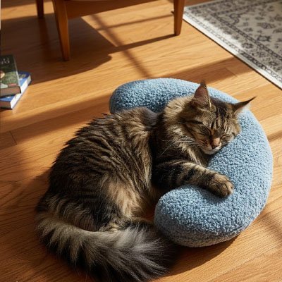Chat endormi sur un coussin chats bleu