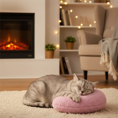 Chat endormi sur un coussin chats rose