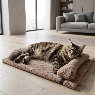 chat endormi sur un lit chat rectangulaire posé sur plancher