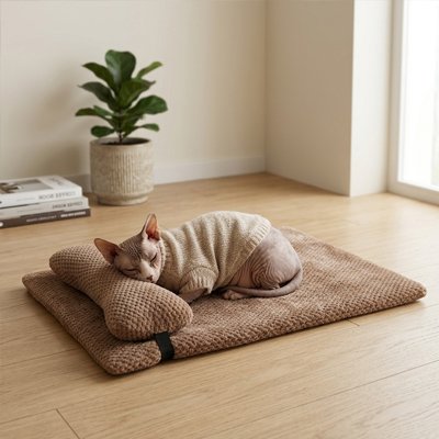 chat endormi sur un lit chat rectangulaire posé sur plancher en bois