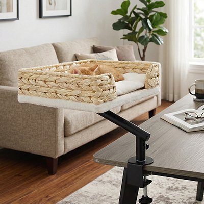 Chat endormis dans un Panier chat  en osier tressé avec coussin blanc