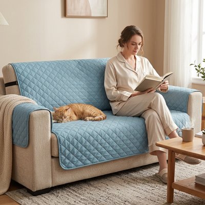 Un chat est allongé sur un canapé beige protégé par un protege canape chat rouge