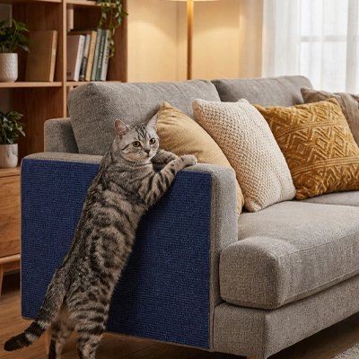 Chat fait ses griffes sur housse canapé anti griffe chat de couleur bleue