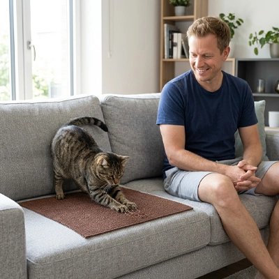 Chat fait ses griffes sur une housse de canapé anti griffe de chat