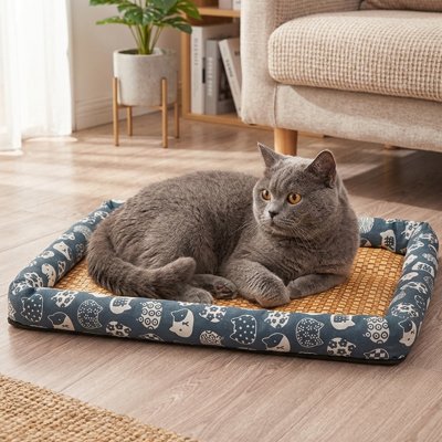 Chat gri repose confortablement sur un Tapis rafraichissant chat
