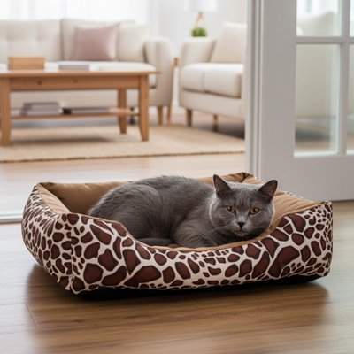 Chat gris allongé calmement dans un Panier pour Chat  à motif girafe posé sur plancher en bois