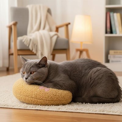 chat gris aux yeux cuivrés allongé sur un coussin chat jaune texturé en forme de beignet