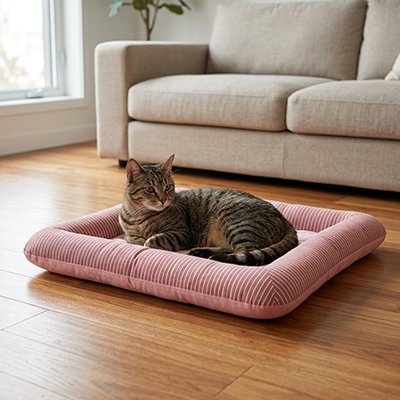 Chat gris tigré allongé sur un tapis rafraichissant chat dans un intérieur lumineux et apaisant.