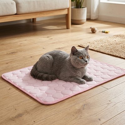 Chat gris calme sur un tapis rafraichîssant chat 