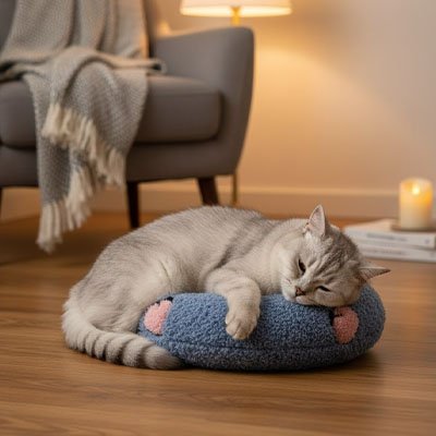 Chat gris clair enroulé confortablement sur un coussin chat de couleur bleue