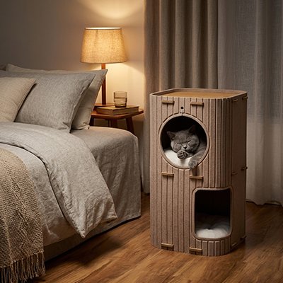Chat gris endormi dans une niche pour chat cylindrique en feutre beige cannelé à côté d'un lit