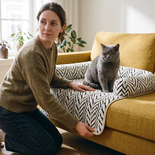 Chat gris sur une protection canape chat