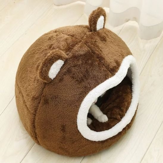 Chat installé dans un panier pour chat en forme d'igloo avec des oreilles d'ours décoratives