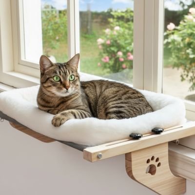 Chat installé sur un hamac pour chat fenetre, profitant de la lumière naturelle.