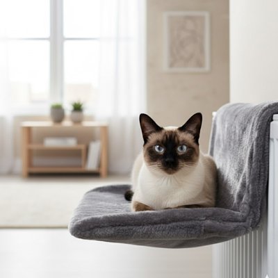 Chat de type siamois aux yeux bleus, installé sur un hamac radiateur pour chat  dans une pièce lumineuse