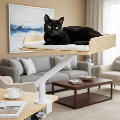 Chat noir allongé confortablement sur un lit en hauteur pour chat 
