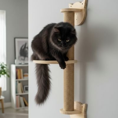 Chat noir assis sur la plateforme d'un arbre chat mural en bois clair