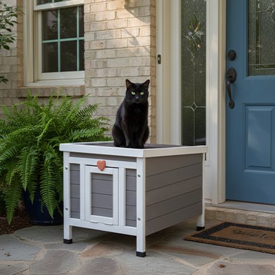 Un chat noir assis sur le toit d'une niche exterieur pour chats 