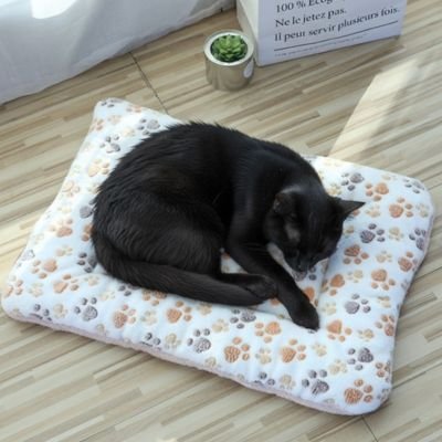 Chat noir dormant sur un tapis chat en peluche avec motifs de pattes