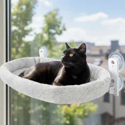 Chat noir en position de surveillance sur un hamac pour chat fenetre