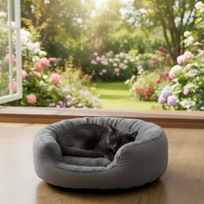 Chat Noir endormi dans un Panier pour chat gris, placé dans un salon lumineux