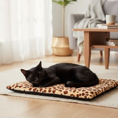 Chat noir endormi sur tapis chat imprimé léopard