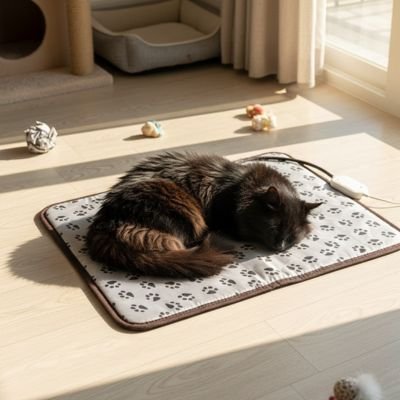   Chat noir endormi sur un tapis pour chat gris à motifs de pattes