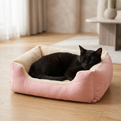 Chat noir endormis dans un coussin à chat rose