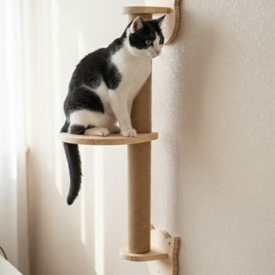 Chat noir et blanc assis sur la plateforme d'un griffoir d'arbre chat mural en bois clair