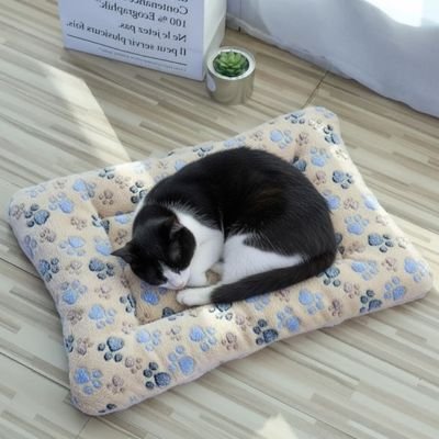 Chat noir et blanc dormant sur un tapis chat en peluche orné de motifs de pattes 