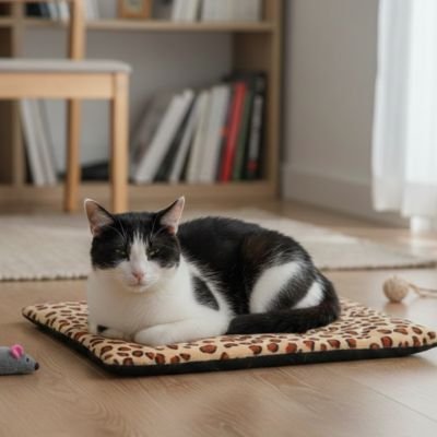 Chat noir et blanc sur tapis chat motif léopard, posé sur un parquet en bois clair