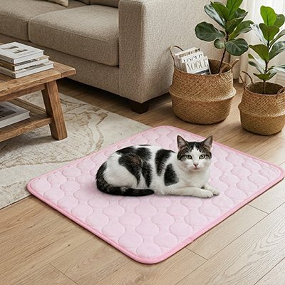 Chat noir et blanc sur un tapis rafraichîssant chat dans un salon lumineux avec plantes 