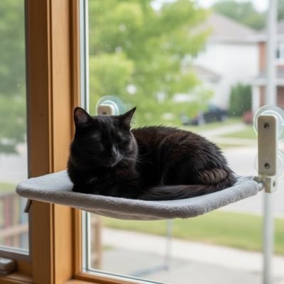 Chat noir bien reposé sur un hamac fenetre chat 