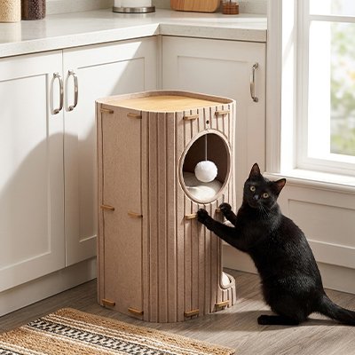 Chat noir s'agrippant à une niche pour chat cylindrique beige dans une cuisine