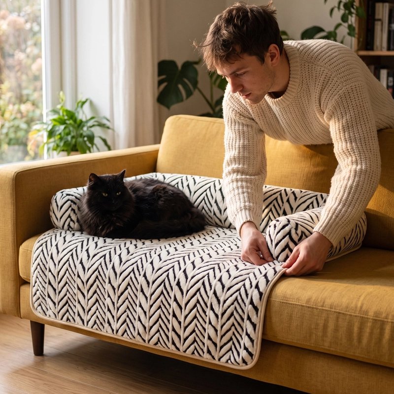 Chat noir sur une protection canape chat
