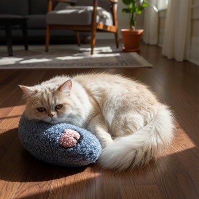 Chat persan à poil long et de couleur crème repose confortablement sa tête sur un coussin chat