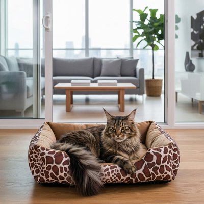 Chat tigré à poils longs, allongé dans un Panier pour Chat à motif girafe, placé sur un plancher en bois