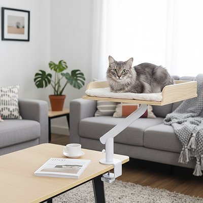 Chat gris reposé sur un lit en hauteur pour chat 