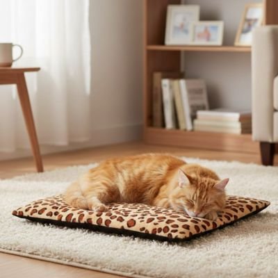 Chat roux à poils longs dormant sur un tapis chat rectangulaire