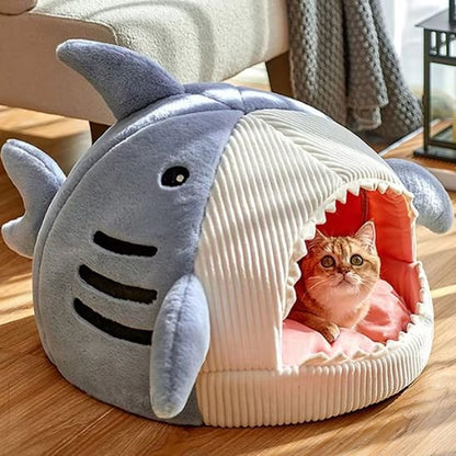 Chat roux allongé confortablement à l'intérieur d'un chat panier en forme de requin
