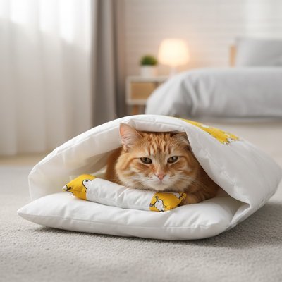 Chat roux allongé dans un lit a chat posé sur un tapis dans un salon