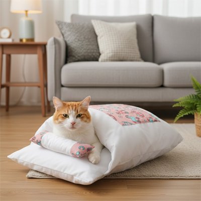 Chat roux allongé dans un lit a chat en forme de sac de couchage rose