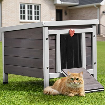 Chat roux à poil long couché devant une niche exterieur pour Chats en bois gris et blanc dotée d'une rampe 