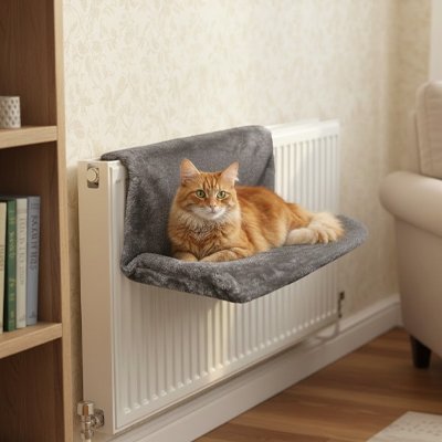 Chat roux allongé confortablement sur un hamac radiateur pour chat 