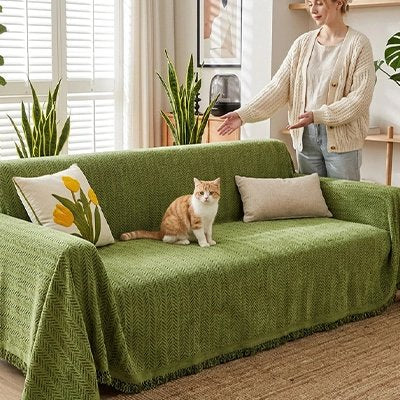Chat roux assis sur une hausse canapé chat de couleur verte