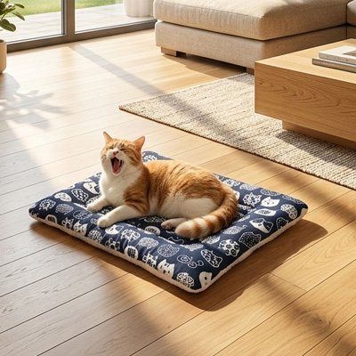 Chat roux bâillant sur un tapis chat bleu marine à motifs japonais