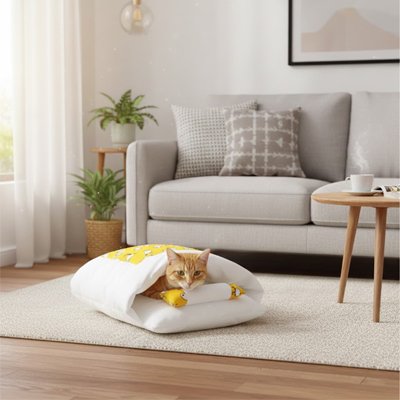 Chat roux dormant dans un lit a chat en forme de sac de couchage jaune