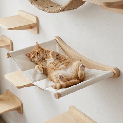 Chat roux dort paisiblement dans un arbre chat mural en bois et tissu blanc