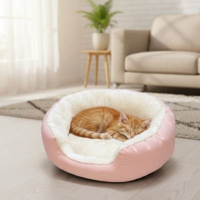 Chat roux endormi paisiblement dans un Panier pour chat rose, placé dans un salon lumineux