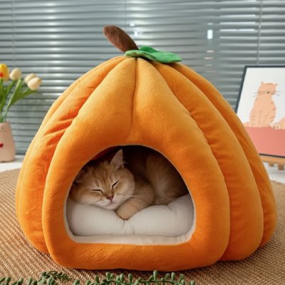 Chat roux endormi dans une niche pour chat en forme de citrouille orange